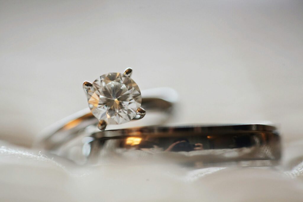 Elegant macro shot of a diamond engagement ring set with a blurred background.